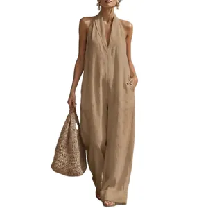Elegant khaki sleeveless cotton linen wide-leg jumpsuit for women with halter neck