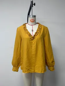 Yellow ruffle V-neck long sleeve cotton linen shirt for women, loose casual style