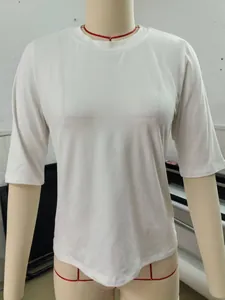 Detail view of a white women's crew neck T-shirt with half sleeves on a mannequin