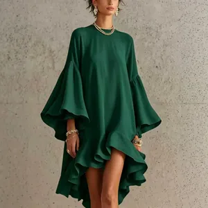 Elegant dark green loose mini dress with large bell sleeves and ruffled asymmetrical hem.