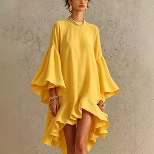 Elegant yellow loose casual dress with bell sleeves and asymmetrical ruffled hem