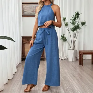 Women Summer Casual Halter Sleeveless Crop Top And Wide Leg Pants Top And Bottom Smocked Solid Color Beach Vacation Set
