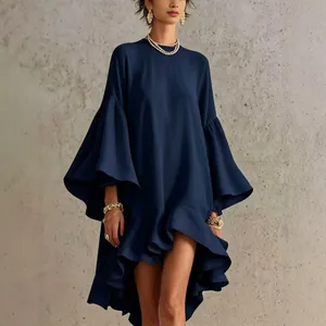 Elegant navy blue asymmetric high-low dress featuring oversized bell sleeves and ruffles