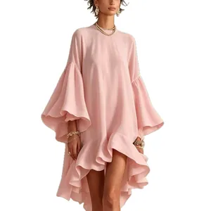 Elegant pink loose dress featuring dramatic bell sleeves and asymmetrical ruffle hem.