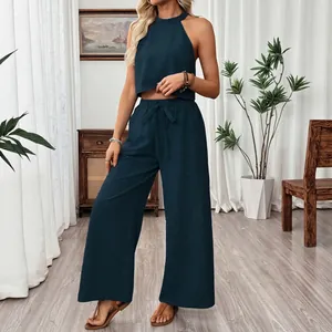 Women's halter sleeveless crop top and wide-leg pants casual two-piece summer set