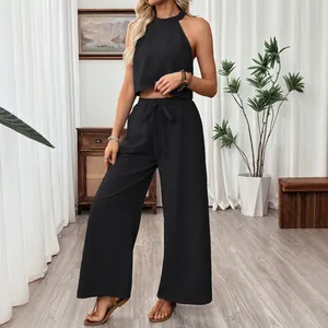 Two-piece casual black halter sleeveless crop top and wide-leg pants set for women