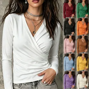 Vrouwen Casual Effen Kleur Kruis V-hals Geplooid Lange Mouw Top Polyester Slim Fit Geplooide T-Shirt Mode Herfst Kleding
