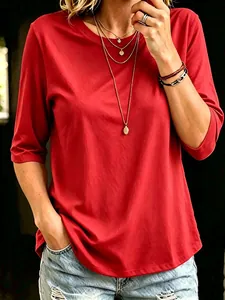 Classic red crewneck women's T-shirt with half sleeves and regular fit for a casual look