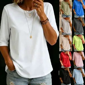 Women Casual Round Neck T-Shirt Regular Shoulder Half Sleeve Solid Color Pullover Top Knitted Polyester Breathable Basic Shirt