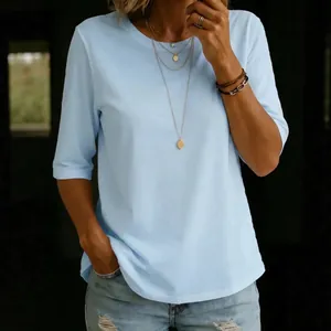 Casual women's light blue round neck T-shirt with half sleeves for versatile daily wear.