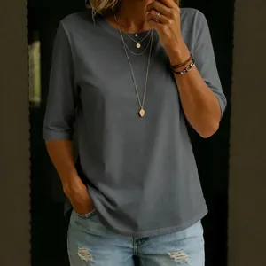 Elegant women's casual grey crew neck T-shirt with half sleeves and a classic fit