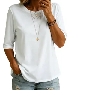 Casual women's white crew neck T-shirt with half sleeves for a minimalist summer look
