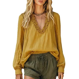 Boho style mustard yellow cotton linen blouse with ruffle V-neck and long sleeves
