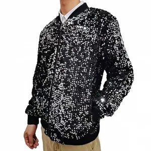 High-definition detail of men's black sequin bomber jacket ideal for stage and party wear