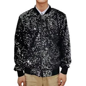 Close-up of men's sparkling black sequin bomber jacket for stage performance