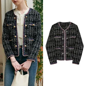 Black and white plaid tweed jacket with gold buttons shown on model and flat lay