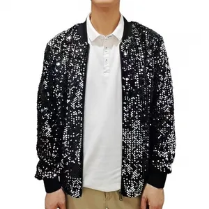 High-quality detail of men's shiny black sequined baseball jacket for stage performances
