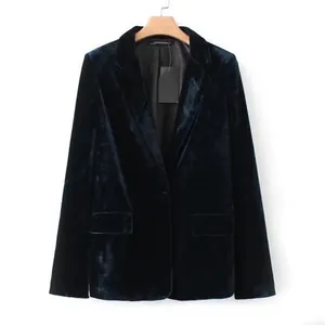 Elegante blazer in velluto verde scuro da donna con bottone singolo e revers classici.