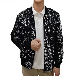 Close-up detail of men's sparkling silver sequin baseball jacket for stage performances