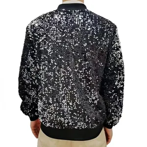 Back view detail of a men's shiny black sequined bomber jacket for stage performance