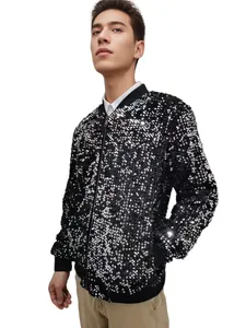 Close-up of a men's black sequined bomber jacket for stage performance