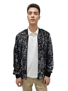 Detailed view of men's sparkling black sequin bomber jacket for stage performance