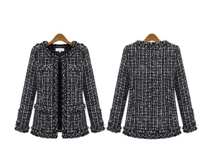 Front and back detail view of a classic black and white checkered tweed jacket for women