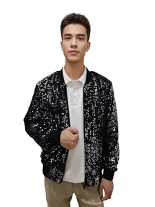 Close-up detail of a shiny black sequined bomber jacket for stage performances