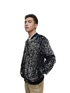 Detail of men's shiny silver sequin bomber jacket for stage performance outfits