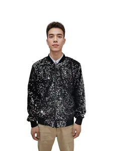 Full front view of a shiny black sequined bomber jacket for men's stage wear