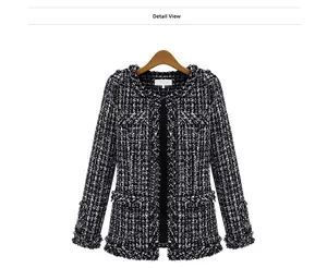 Detail view of a classic black and white plaid tweed jacket with elegant fringe trim