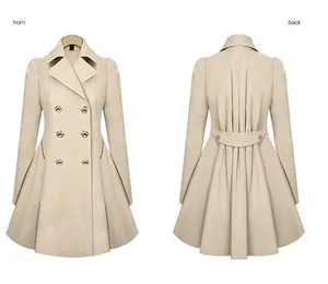 Beige slim-fit halflange trenchcoat met dubbele rij knopen voor dames, voor- en achteraanzicht