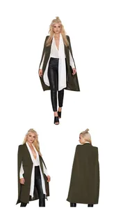 Detailed views of army green cape blazer and mid-length sleeveless shawl trench coat