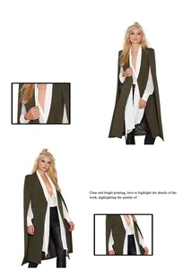 Detailed view of women's army green cape trench coat with layered shirt design