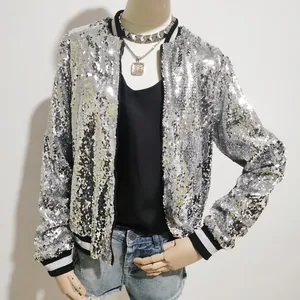 Schwere silberne Pailletten-Baseballjacke, ideal für Streetwear und Party-Mode