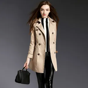 Elegant khaki double-breasted mid-length trench coat for women featuring a classic lapel