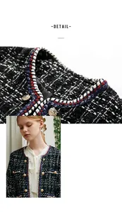Macro detail of black and white bouclé tweed jacket with signature braided trim