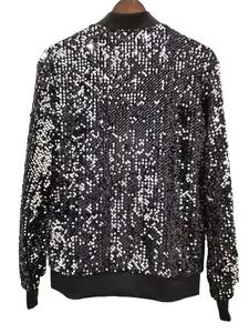 Detailed rear view of a shiny black sequin baseball jacket for stage and parties