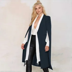 Full body shot of a professional navy blue longline cape coat with sleeveless design
