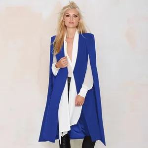 Elegant royal blue sleeveless cape coat with a mid-length cloak style silhouette