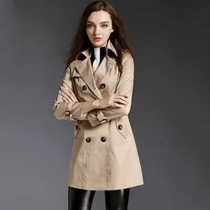 Detailed front view of a stylish khaki double-breasted mid-length trench coat for women
