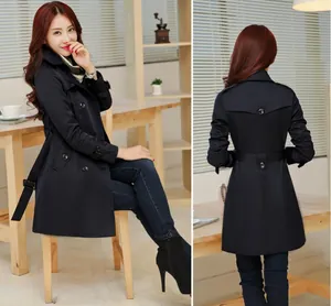 Detailed view of navy blue double-breasted trench coat with waist belt design