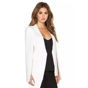Front view of white longline cape blazer for women with open front slit sleeve design