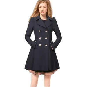 Elegante marineblauwe double-breasted slim fit halflange dames trenchcoat voor de herfst