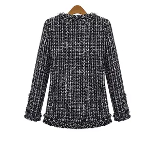 Classic black and white plaid tweed jacket for women, plus size autumn winter outerwear