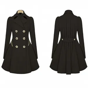 Elegante zwarte trenchcoat voor dames met dubbele rij gouden knopen en een slanke pasvorm