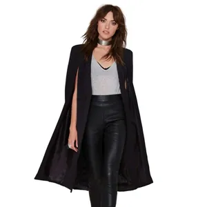 Women's elegant black mid-length sleeveless cape coat with a stylish open front design