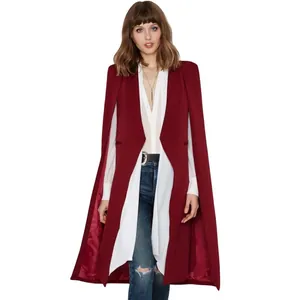 Elegant long wine red cape coat for women, stylish sleeveless trench cloak design
