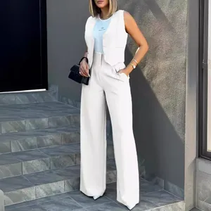 Elegant white suit vest and matching wide-leg pants two-piece set for women fashion