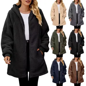 Oversized fuzzy hooded zip-up fleece jacket for women available in multiple colors